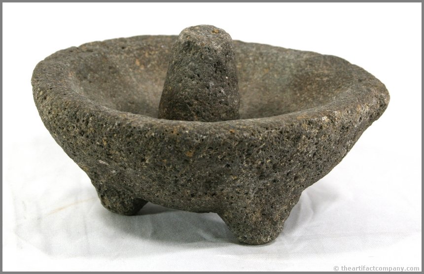 6 3/8" Molcajete Mortar & Pestle: Basalt/hardstone example from Mexico. Estate find. Tripod legs.