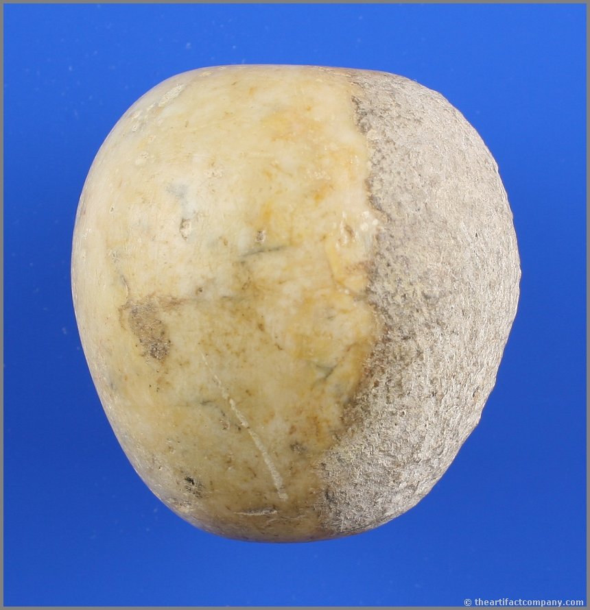 2 1/4" Pre-Dynastic Egyptian Mace Head: Alabaster example with heavy mineralization. Naqada I-II circa 3500-3200 BC. Estate find.