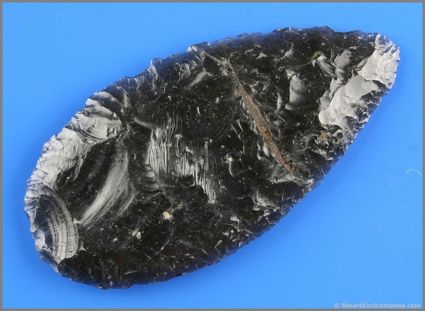 Extra Large 5" Side Hafted Knife: Rare and gorgeous in Ice Obsidian with tremendous translucency. Unfortunately, broken, mended, and glued some time ago. Hard to detect but there. Still a very showy 'Killer' piece. Ex- Reg Seely Colle