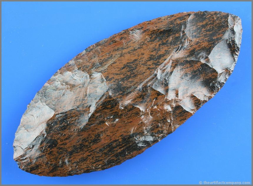 8 1/4" Bipointed Knife - Knapped by Ted Orcutt ca. 1900: Wonderfully colored piece of Mahogany Obsidian made by master knapper Ted Orcutt in the first half of the 20th Century. Orcutt was a master knapper and Karok Indian. Formerly of the C.L. Pugh Museum.