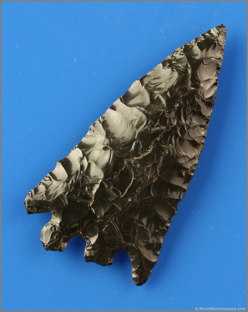 Huge 3 5/16" Pinto Basin: Large exaggerated ears and basal features on this example. Glossy Jet Black Obsidian. Great Basin find. Ex- Fredrick Collection.