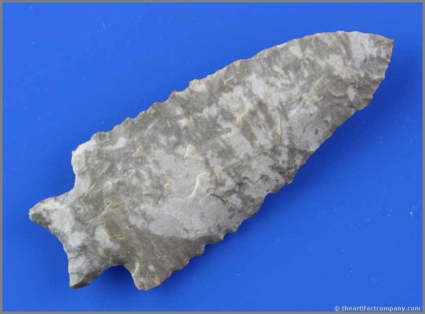 Colorful 3 5/8" Kirk Serrated: Pretty Fort Payne Chert example from Lincoln Co., Kentucky. Large yet thin with lethal serrations. Ex- Carter Estate Collection.