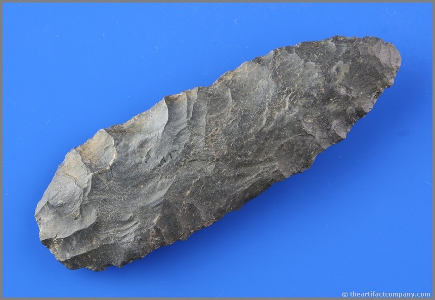5" Coshocton Adena Blade: Nice big example. Found in Ohio. Classic multi-toned blue Coshocton Chert. Ex- Gilbert Dilley and Scott Yerkes Collections.