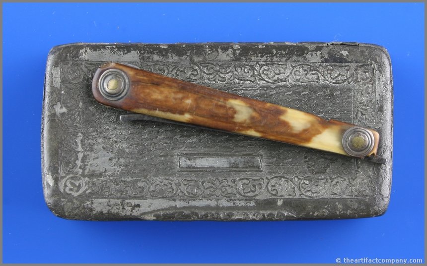 Rare Pewter Snuff Box with Bloodletter: Super etched/engraved snuff box with a Bleeder included with Tortoiseshell scales. Note inside states 'Grandfather Shannon's Lance for Bleeding Sick Horses, Probably 100yrs old. July 1921.' Too Cool.