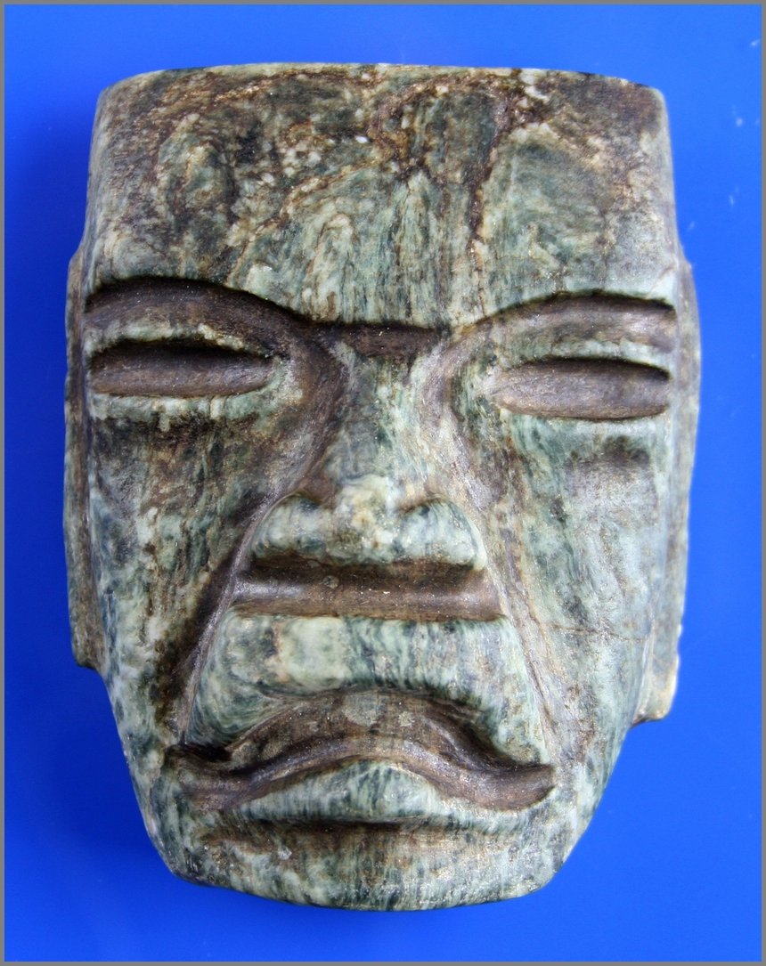 3 1/2" PreColumbian Maskette: Super example in greenstone/jade found near Vera Cruz, Mexico and formerly of the Dr. Cosby and Anderson Collections.