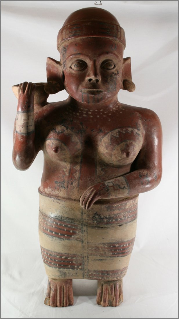 23 1/2" Nayarit Figurine: MASSIVE tall example from Mexico with red, buff & black paint. Ixtan del Rio style. Ex - Clars Auction. Broken and repaired but overall intact. Estate find.