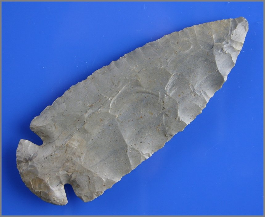 4 3/4" Dovetail - Davis G-10 COA: Extra fine example. Nearly first stage exhibiting just one light resharpening. Made of high grade glossy multi-toned gray Hornstone. Found in Lawrence Co., Ohio. Ex- W. Morse Collection. Davis G-10 CO
