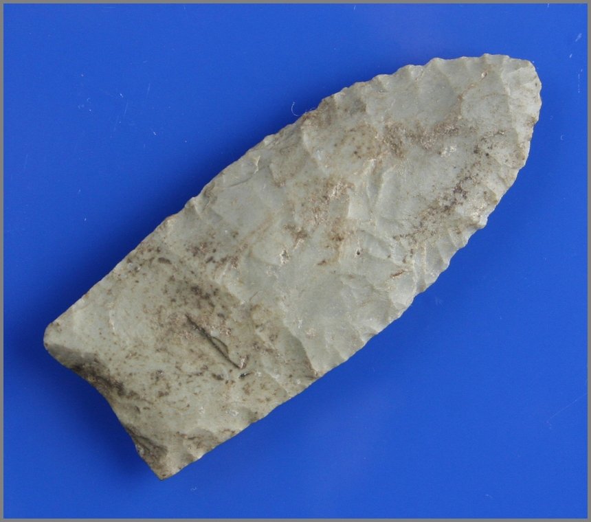 2 11/16" Clovis - Partain COA: Pretty light green fossil chert. Expertly crafted with great flutes. Found near Lake Barkley in Trigg Co., Kentucky. Partain COA.