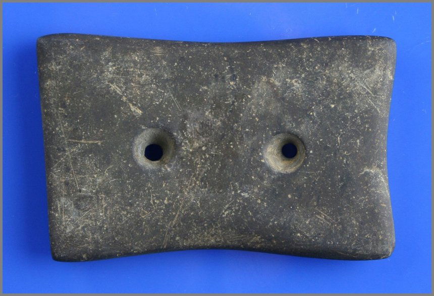 3 1/8" Quadriconcave Gorget - Jackson G-10 COA: Extra rare type in superb condition. Made of slate and highly polished over its entirety. From Jefferson Co., KY. Ex- Dr. Walker Collection. Jackson G-10 COA.