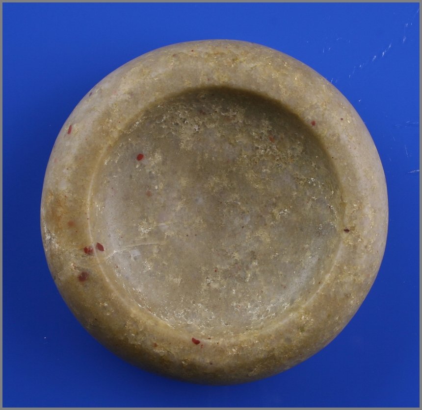 4 1/2" Double-Cupped Discoidal - Jackson COA: Excellent example in a conglomerate quartzite from Wayne Co., Tennessee with old collector label 'D-8'. Jackson COA