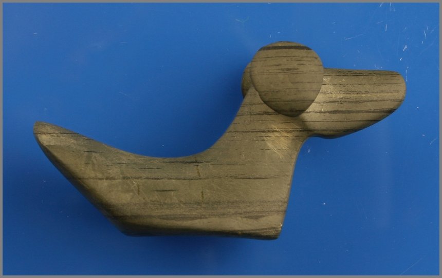 3" Popeye Birdstone: Excellent example in green banded slate from Putnam Co., Ohio. Formerly of the Denten Estate Collection.