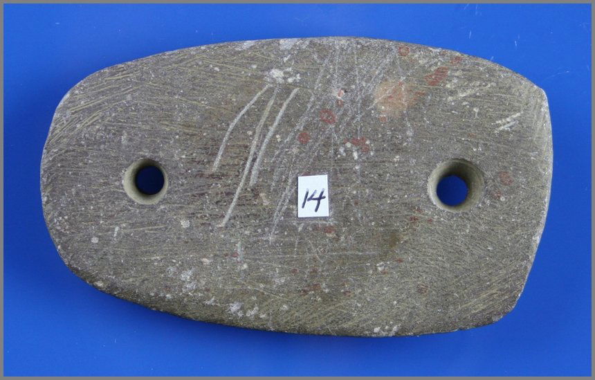 3 7/16" Gorget: Found by Ernest Schug in Waukesha Co., Wisconsin. Appears to be pipestone or Catlinite. Rare!