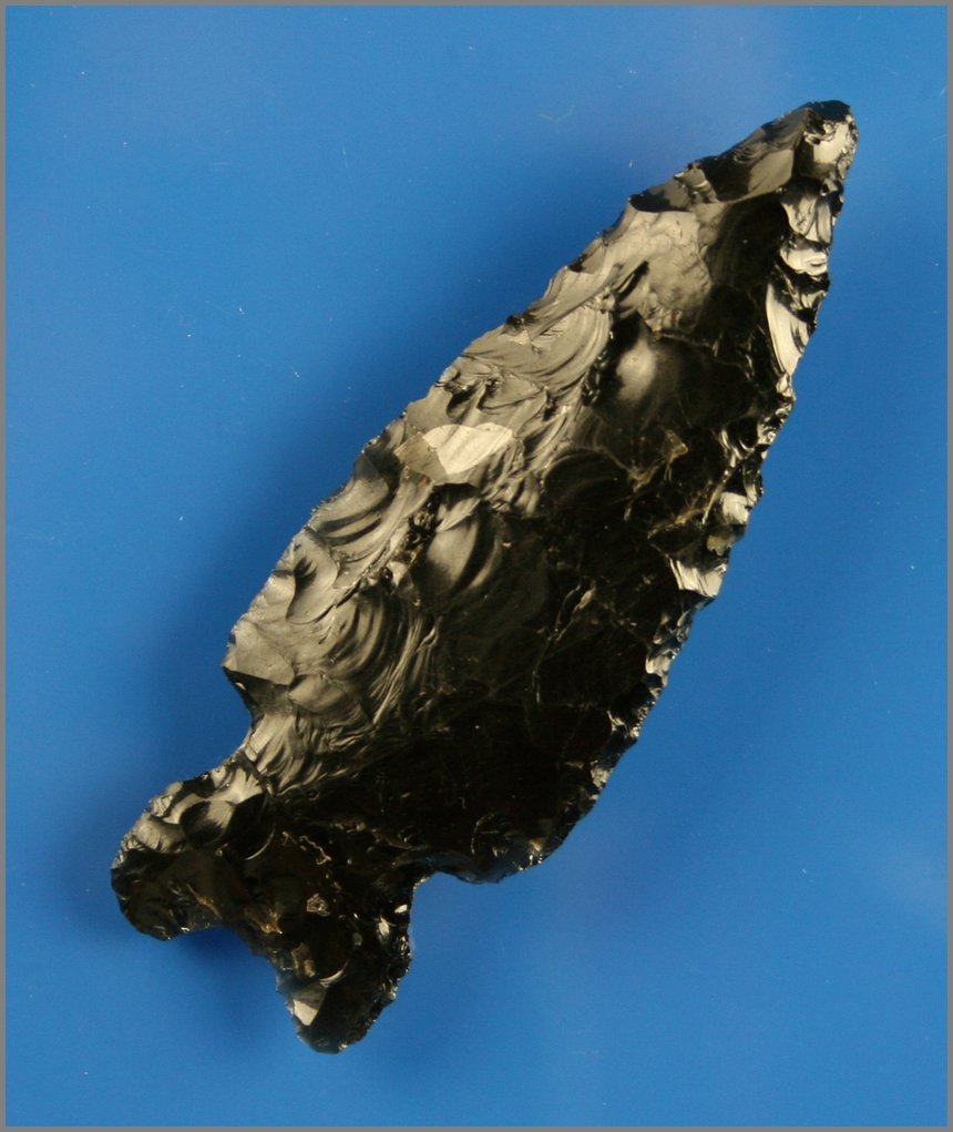 3 1/8" Obsidian Knife: Nice big lobbed knife with great translucency. Ex- Reg Seeley. Lake Co., Oregon.