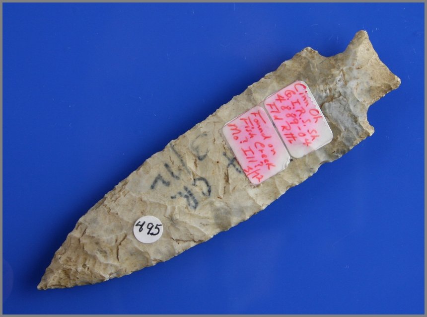 4 1/2" Etley - Perino COA: Outstanding Etley. Flaking to die for. Needle tip. Beautiful multi-colored Jefferson City Chert. Ex- Jerry Dickey & Floyd Ritter. Found on Fish Creek -March '72. Old Perino paper dated 3/16/97. Perino