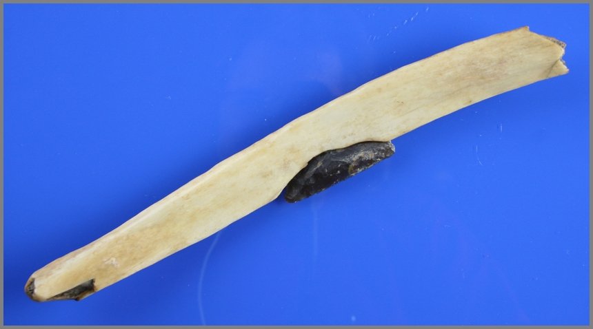 11" Bone handled Side Knife: Excellent side knife or drawknife made from a buffalo/bison rib bone with 2 3/8" inset Knife River Flint cresecentic blade. Found by Ernest Schug in Cedar Co., Nebraska in the early 1960's.