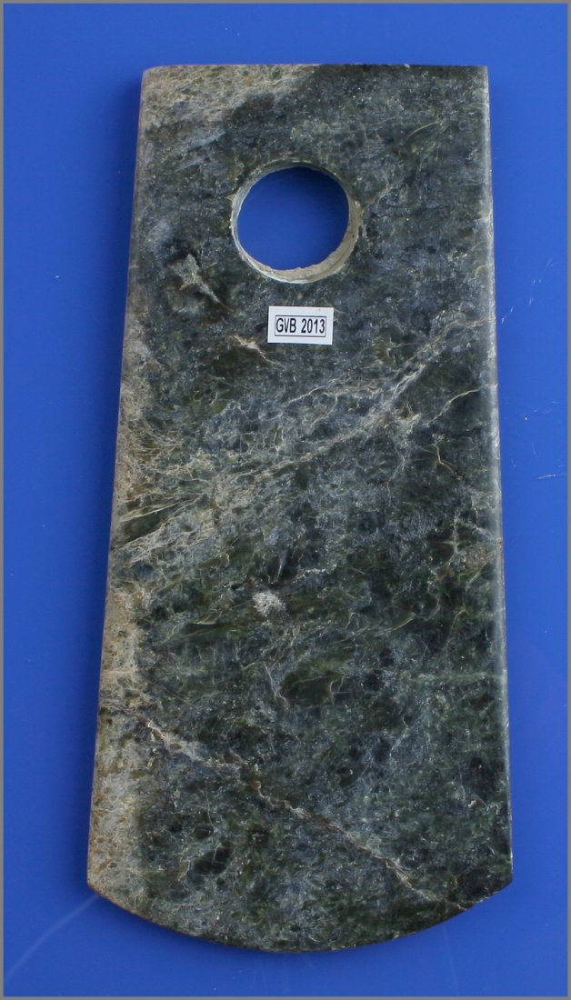 9 1/8" Chinese Battle Axe: Nice example of undetermined age but made well. Beautiful stone.