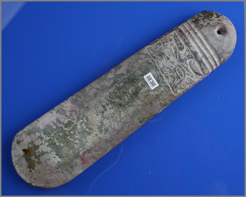 11 7/8" Chinese Votive Axe: Carved greenstone/jade axe of undetermined age. Depiction of a ancestor or dragon's face on each side. Big!