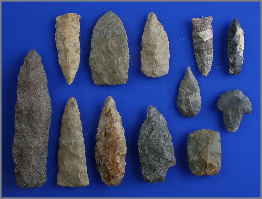12 Assorted Artifacts: Knives, preforms, blades, and scrapers. All from Central Kentucky in various types/materials.