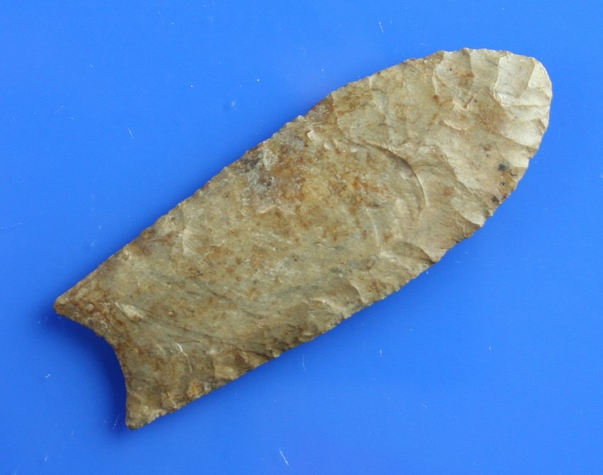World Class 3 1/8" Clovis - 3 COA's: Beautiful well patinated light tan/brown high quality Dover Chert. Deep flutes extend 50% & 75%. Thin and superb. Found in Davidson Co., Tennessee. Ex- Jack Litchfield Collection. Jackson & Putty G-9+