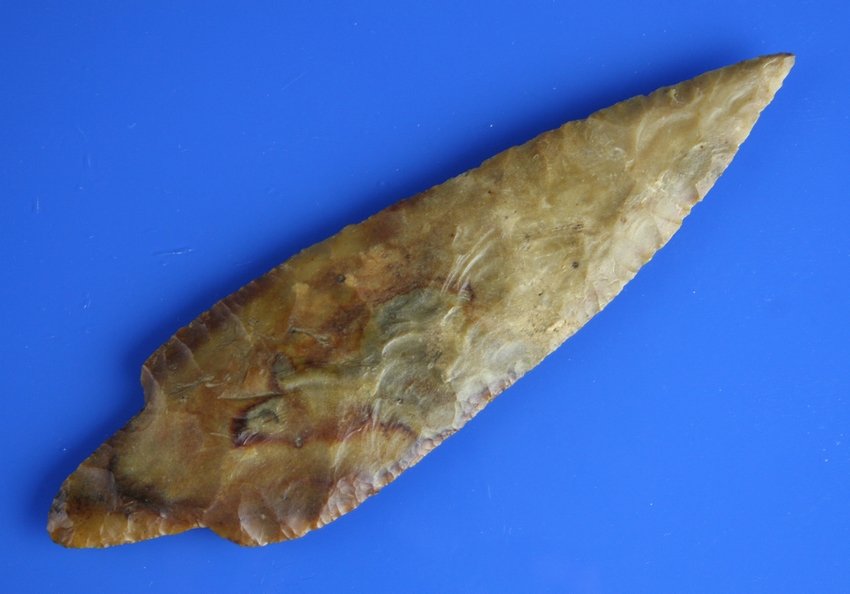 8" Mayan Stemmed Knife: Orange Colha Chert example from the Yucatan region of Central America. Estate find with great color, size, thinness, and translucency.
