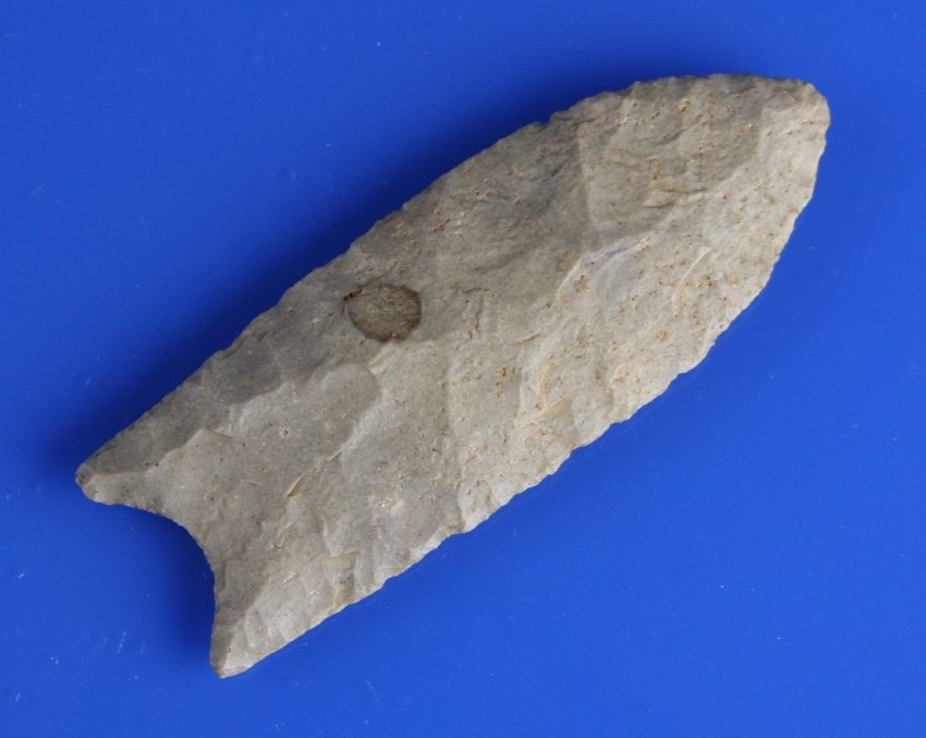 3 1/4" Clovis - 3 COA's: Excellent craftsmanship. Nicely fluted on both sides. Well patinated light gray/brown Hornstone. Pretty Pike Co., Illinois. Ex- John Martin Collection. Jackson, Partain, and Insight Laser COA's.