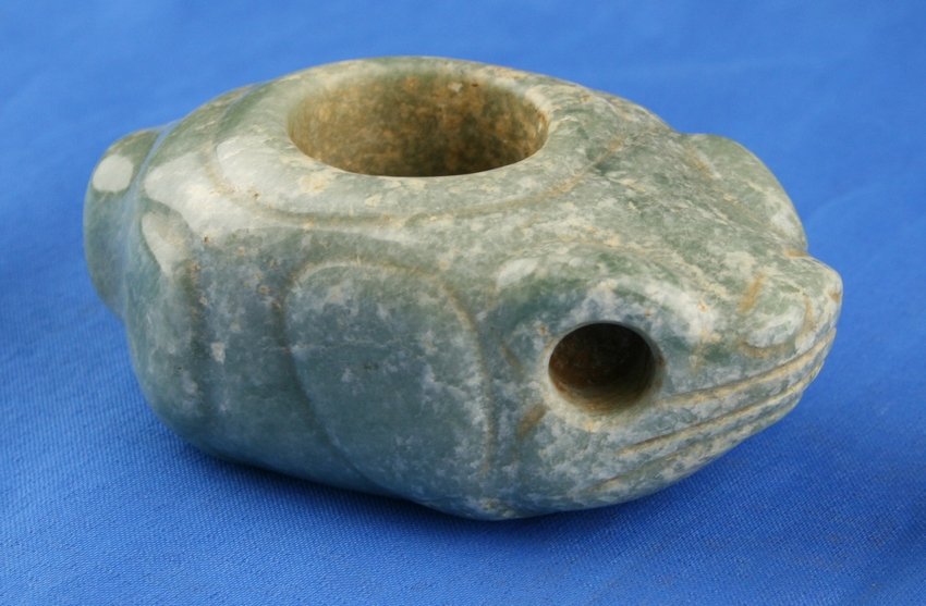 4 1/8" Chorotega Frog Effigy Mace Head - COA: Super example in polished green jadeite from Costa Rica. Collected prior to the 1950's and Ex - Tom Shenk Collection. COA from 'Bannerstone Tom'