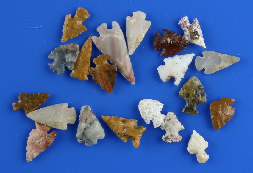 20 Colorado Birdpoints: Assortment of various types - Mummy Cave, etc. all collected in 1958 in Turkey Creek Canyon near Denver in Pueblo Co., Colorado. Excellent display.