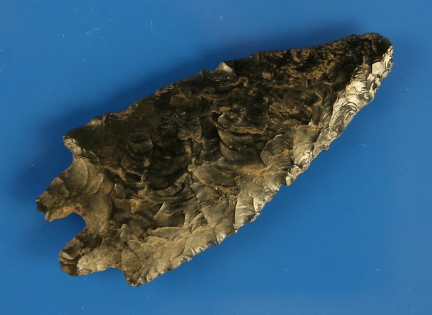 2 9/16" Pinto Basin - Jackson COA: Obsidian classic from the Great Basin. Thin and excellent with heavy minerals. Ex - Stinson Collection.