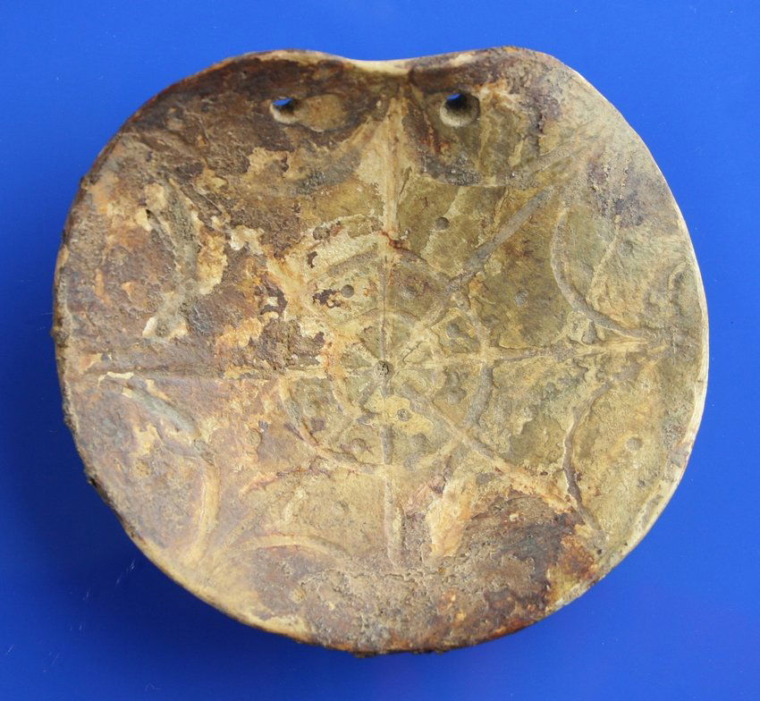 4 1/8" Spiderweb Shell Gorget - Jackson COA: Spiderweb design on this shell gorget with exceptional amount of Organic earth adhesions. Tennessee. Jackson COA.