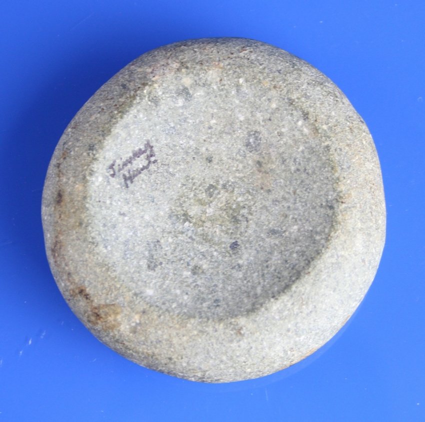 3 5/16" Discoidal - Jackson COA: Nice example in gray porphyry with a Jackson COA. Belmont Co., Ohio ex Billy Bush Collection.