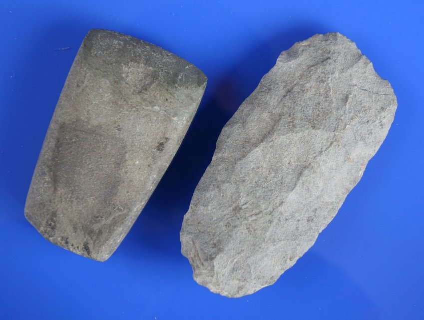 Pair of Excellent Celts: 3 5/8" Square sided stone celt is from Jodaveiss Co., illinois and was found by Ernest Schug. The 4 7/8" chert celt is from Dodge Co., Wisconsin and was also found by Ernest Schug. Both completely int