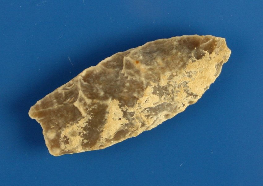 1 7/8" Agate Basin: Translucent heavily patinated Chalcedony. Found in Cedar Co., Nebraska by Ernest Schug.