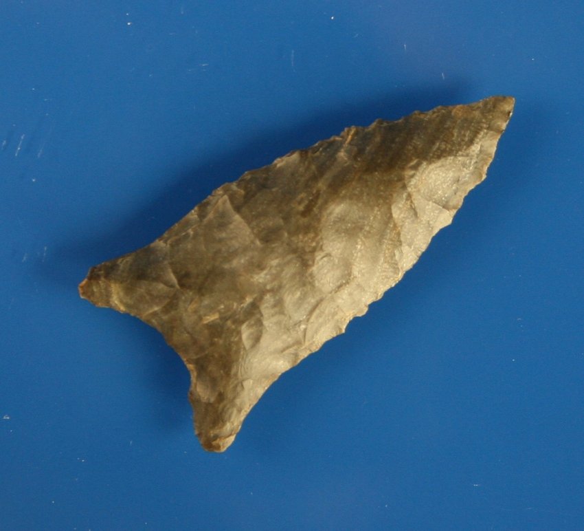 1 7/8" Quad - APC COA: Pretty diagonally streaked gray and cream Tyrone Chert. Davidson Co., Tennessee. Ex- Don Hutchins and Brian Thompson Collections.All Points Covered (Todd Walterspaugh) COA.
