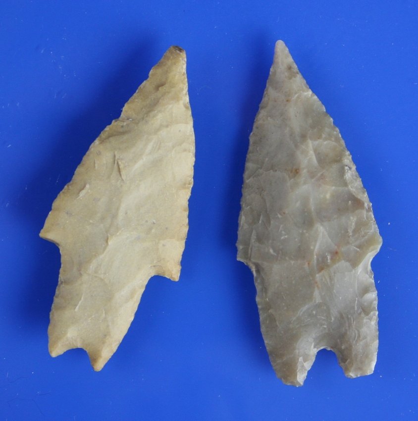 Pair of Texas Pedernales Arrowheads: Longest 2 3/4". Both excellent. One translucent Edwards. The other is a yellowish Jasper/chert. Central Texas.