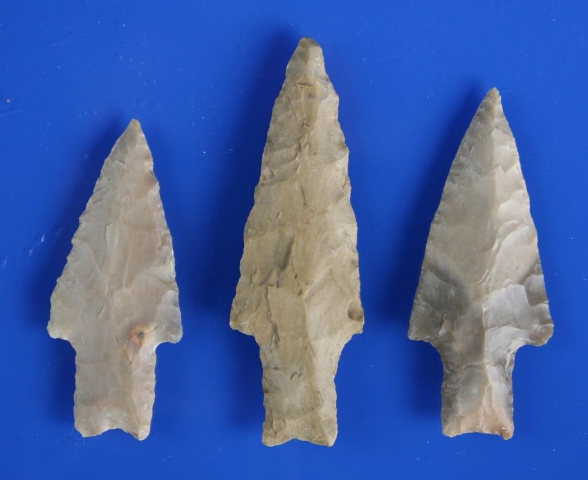 3 Texas Stemmed Arrowheads: Austins and Uvaldes. All excellent. All Edwards Plateau Chert from Central Texas. Longest is 3 1/8".
