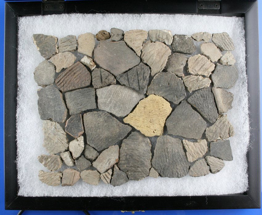 Colorado Pottery Shard Display: Excellent assortment of shards collected in 1957 from Turkey Creek Canyon, near Denver, Colorado. Formerly of the Robert White Collection. Excellent display includes frame.
