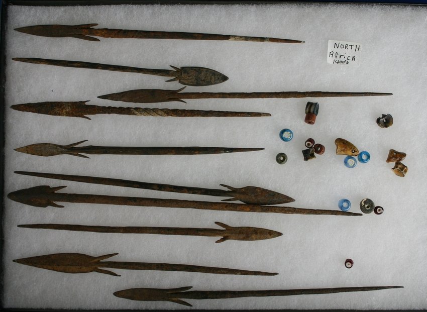 Collection of North African Artifacts: Excellent assortment of barbed North African Spear/darts/tips and beads. Longest is over 9 inches. Circa 1400 A.D.