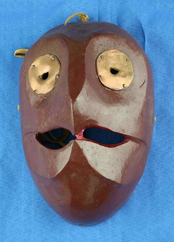 10 3/4" Iroquois Turtle Mask: Interesting Snapping Turtle motif on this contemporary mask with copper accents. High decorative value.