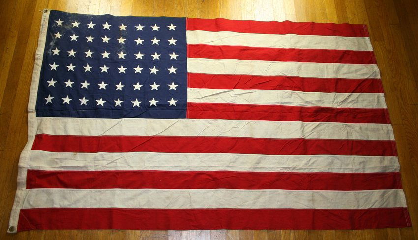 Vintage 4'x6' 48-Star American Flag: Heavier canvas material on this example made Pre-1959. Sewn on stars. Made by Bull-Dog Bunting Co.