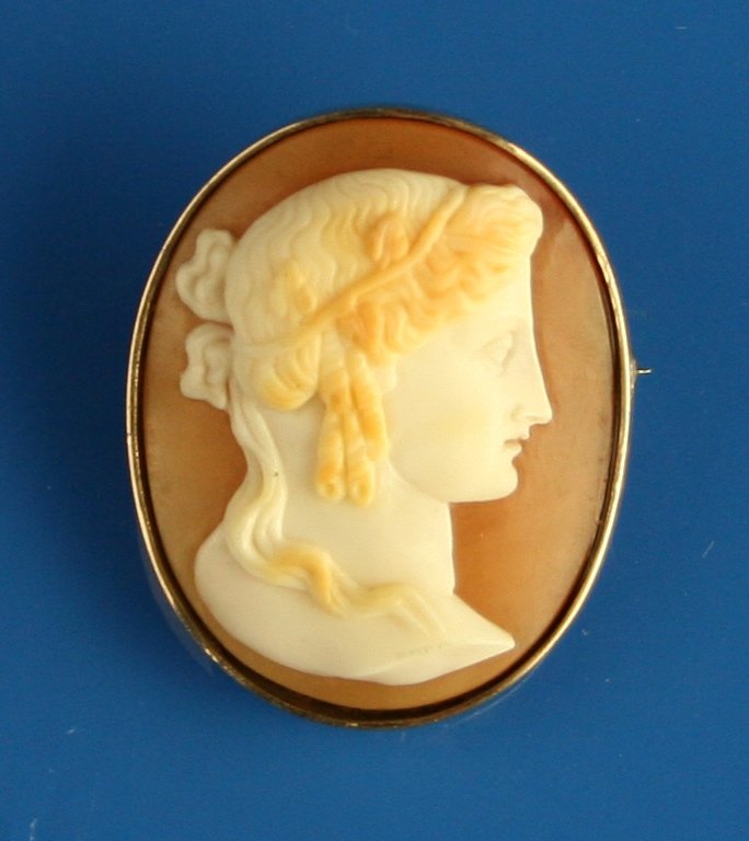 1 1/16" Victorian Cameo Brooch: Classical Greek Female figure in carnelian shell with a gold bezel. Very nice!