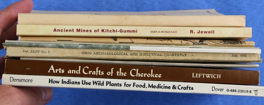 9 Native American Books: 'The Mobile Indians', 'Ancient Mines of Kitchi-Gummi', 'How Indians Use Wild Plants for Food, Medicine & Crafts', 'Arts and Crafts of the Cherokee', Ohio Arch. Vol XLIV #3 1935, 'Tomahawks Illustrated