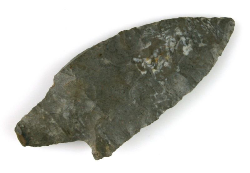 2 13/16" Narrow Stem Adena: Mottled Chert example found by Ernest Schug in Dodge Co., Wisconsin.
