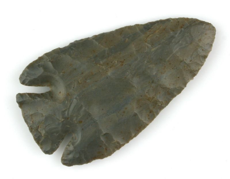 Outstanding 3 13/16" Lost Lake - 2 COA's: Thin and superb. Super deep notches. Classic blue, gray, and cream streaked Indiana Hornstone. Found in Spencer County, Indiana. Ex- Frank Morast & Jack Litchfield Collections. Jackson & Insight Laser