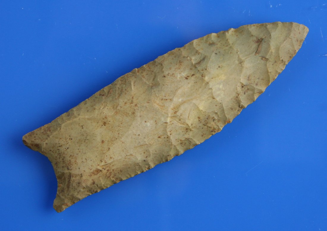 4 1/4" Clovis - Stermer COA: Brown fossil chert example from Rowan Co., Kentucky. Ex - Paul Shelton Collection. Stermer COA.