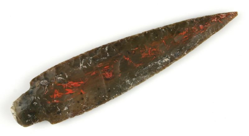 6 1/2" Mayan Stemmed Knife - Jackson COA: Central american example with excellent cinnabar pigment residue. Brown Colha Chert. Jackson COA. Ex - Allan Brown Collection.