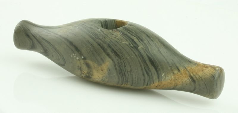 4 1/2" Knobbed Pick Bannerstone: Unusual cross type with a Knobbed Crescent.. Perhaps a 'Straight' knobbed crescent? Green Banded Slate. Ohio.