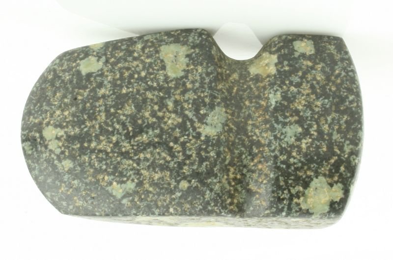 3 1/2" Porphyry 3/4 Groove Axe: Nice polish on this example from Ralls Co., Missouri. Some collector polish/wax.