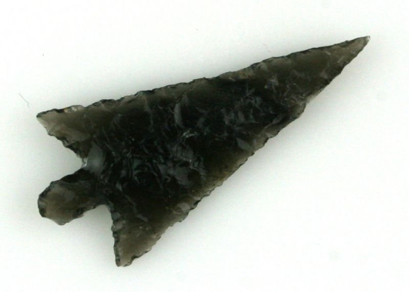 1 9/16" Ice Obsidian Columbia Plateau: beautiful translucent Ice Obsidan with distinct diagonal stripes. Really gorgeous. Great size, flaking, symmetry, and overall condition. Klamath Co., Oregon. Ex- Bob Rogers Collection.