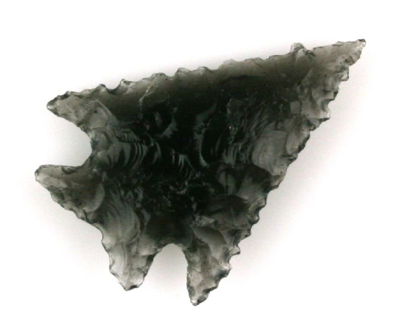 1 1/2" Ice Obsidian Elko Eared: Truly gorgeous. Completely translucent Ice Obsidian. Great flaking and serrations. Oregon. Ex- Reg Seely Collection.