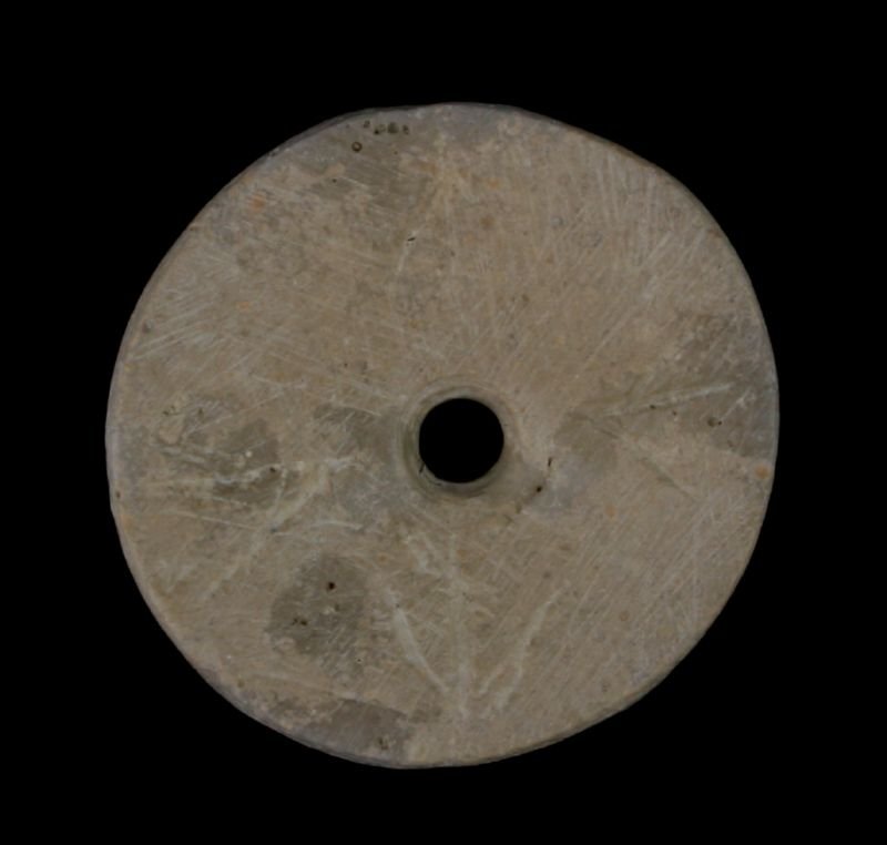 1 3/8" Ft Ancient Disc: Small 'Discoidal' with turkey-track engravings. Pipestone. Southern Ohio.